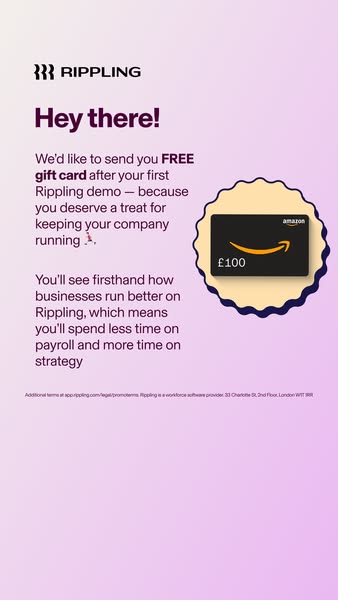 The ad promotes Rippling by offering a free gift card to anyone who requests a demo. It highlights that their product he