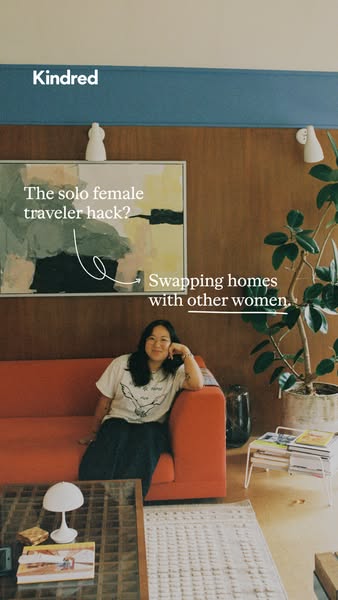 This image ad from Kindred features a woman sitting on a couch in a living room. The ad is promoting the idea of solo fe