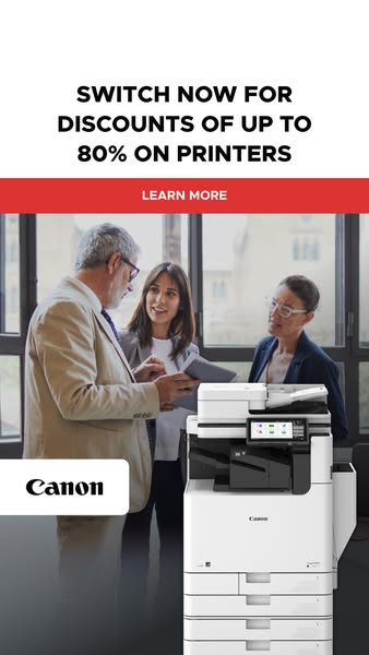 This ad promotes Canon printers, highlighting a special offer with discounts of up to 80%. The ad aims to encourage view