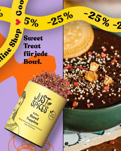 This ad features a split screen with a can of Just Spices Sweet Bowl Topping on the left and a bowl of chocolate pudding