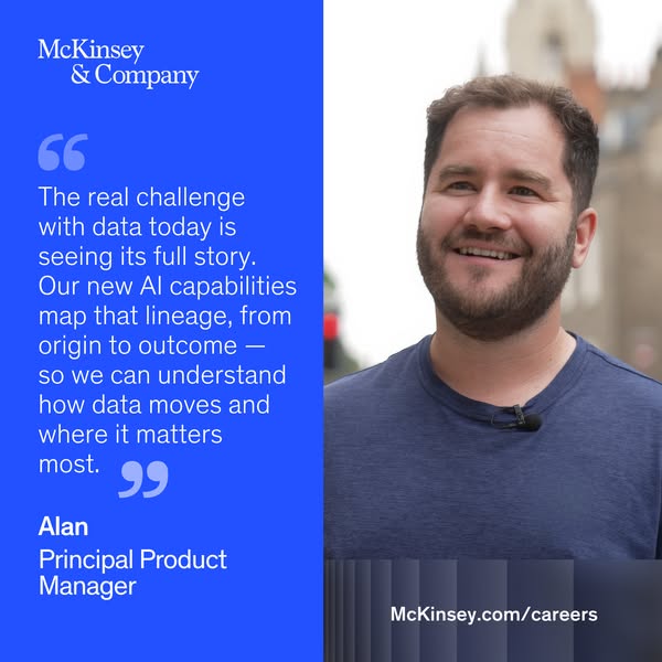 This ad features a quote from Alan, a Principal Product Manager at McKinsey, discussing the challenges of data and how M