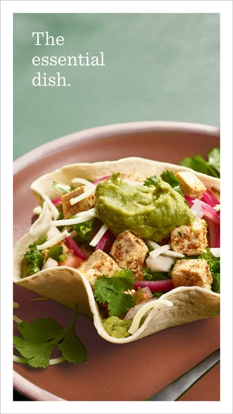 This image ad features a taco filled with seasoned tofu, guacamole, cilantro, tomatoes, and cheese. The ad emphasizes th