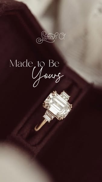 A close up of a ring in its box. The Sarah O. brand is visible, the text reads, 'Made to Be Yours'.
