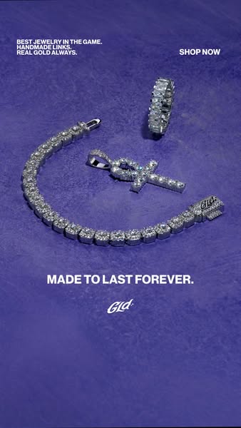 This image ad for GLD jewelry showcases a tennis bracelet, a cross pendant, and an eternity band on a purple textured ba