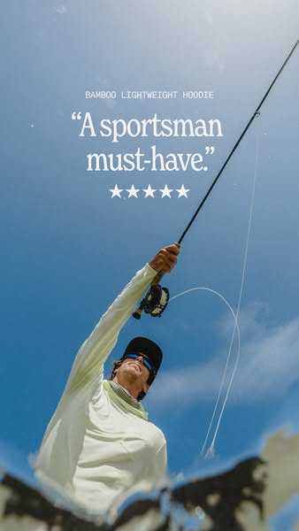This image ad for Bamboo Lightweight Hoodie features a man fishing while wearing the hoodie. The ad utilizes a testimoni