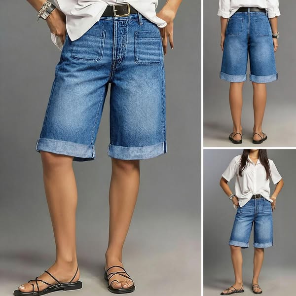 This ad features a split image presenting a model wearing cuffed denim shorts in three different poses to showcase the p