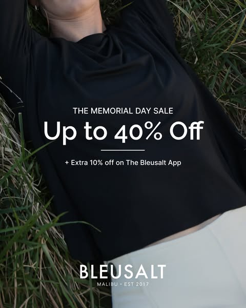 This Bleusalt ad showcases a Memorial Day Sale, offering up to 40% off, with an additional 10% off via the Bleusalt App.