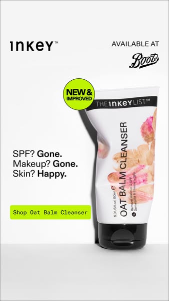 This ad promotes The INKEY List Oat Balm Cleanser. The ad highlights the product's ability to remove makeup, SPF, an