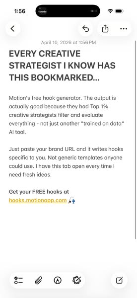 This image ad features a screenshot of a note that someone has written in praise of Motion's free hook generator. It