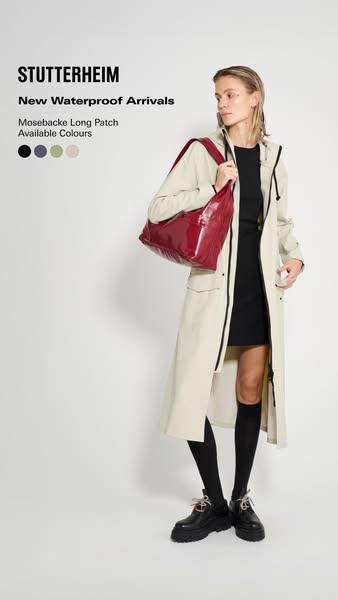 This ad promotes Stutterheim's waterproof coats and accessories, specifically highlighting the Mosebacke Long Patch