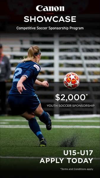 This image ad is for the Canon Showcase Competitive Soccer Sponsorship Program. It features a soccer player kicking a so