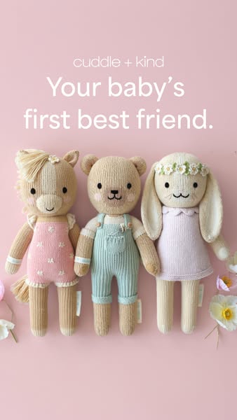 This image ad promotes cuddle + kind dolls. The ad features three plush dolls lined up in a row. The messaging focuses o