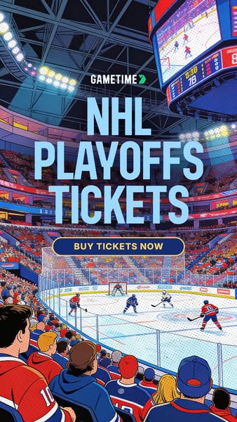 This image ad is for Gametime, promoting NHL Playoff tickets. The visual features an illustration of a hockey game in pr