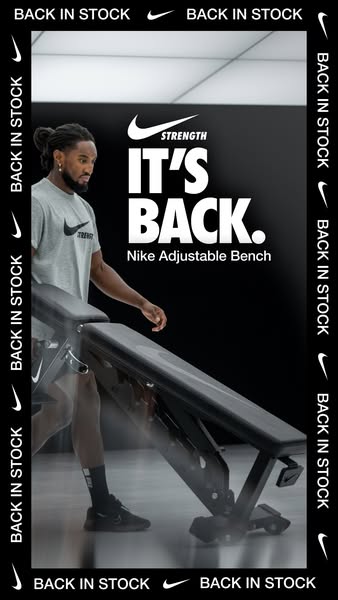 This image ad for Nike promotes the Nike Adjustable Bench, highlighting its return to stock. The ad features a man in at
