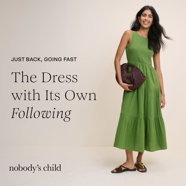 This ad features a woman wearing a green dress with a brown bag, highlighting the dress's popularity and stylish des