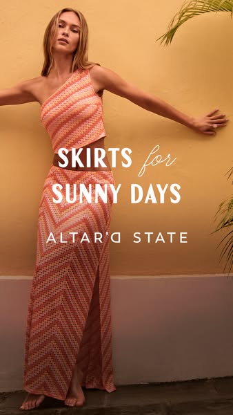 This ad for Altar'd State features a woman wearing a matching knit top and skirt set against a neutral background, p