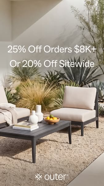 An image ad promoting Outer, featuring a discount of 25% off orders $8K+ or 20% off sitewide. The ad showcases outdoor f