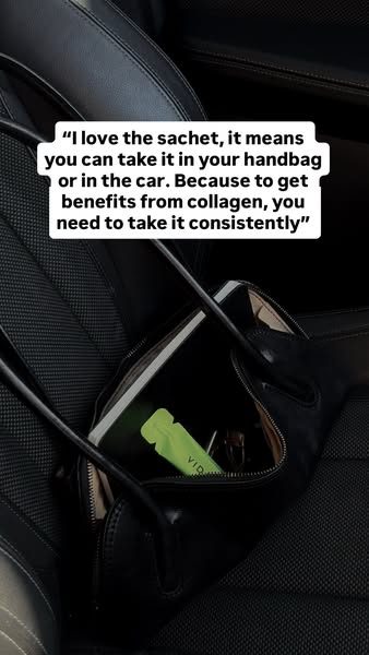 An ad showcasing the convenience of the Vida Glow collagen sachet through a customer testimonial, emphasizing its portab