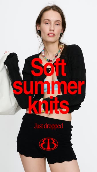 This ad showcases the brand's 'Soft Summer Knits' collection. A model wears a knitted cardigan and matching 