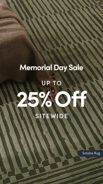 The image shows a rug and announces a Memorial Day sale.