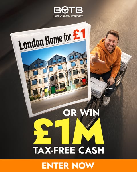 This ad promotes a sweepstakes where you can win a London home for £1 or £1M tax-free cash. The ad features a man on a b