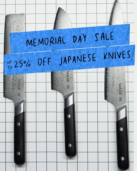 Image ad for Japanese knives, promoting a Memorial Day sale with up to 25% off.