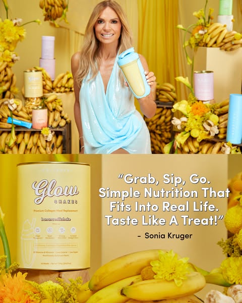This image ad showcases Glow Shakes Banana Milkshake flavor. The image is split into two. The top half features a woman 