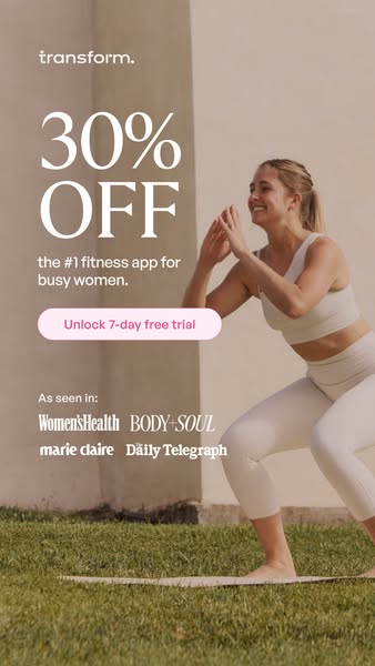 This image ad for Transform promotes a 30% discount on their fitness app for busy women, along with a 7-day free trial. 
