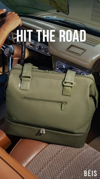 The ad showcases a BÉIS Weekender bag inside of a car. The bag is an olive green color. The ad shows the bag as a travel