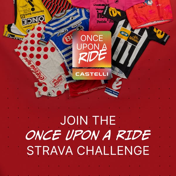 This image ad promotes the "Once Upon a Ride" Strava Challenge by Castelli, featuring a collection of cycling 