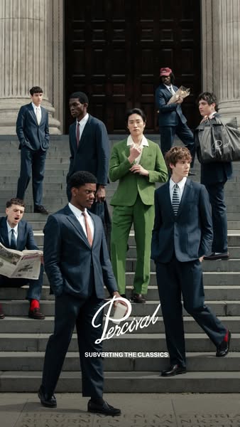 This image ad features multiple men dressed in suits, standing on stone steps. The suits are navy and green and are bein