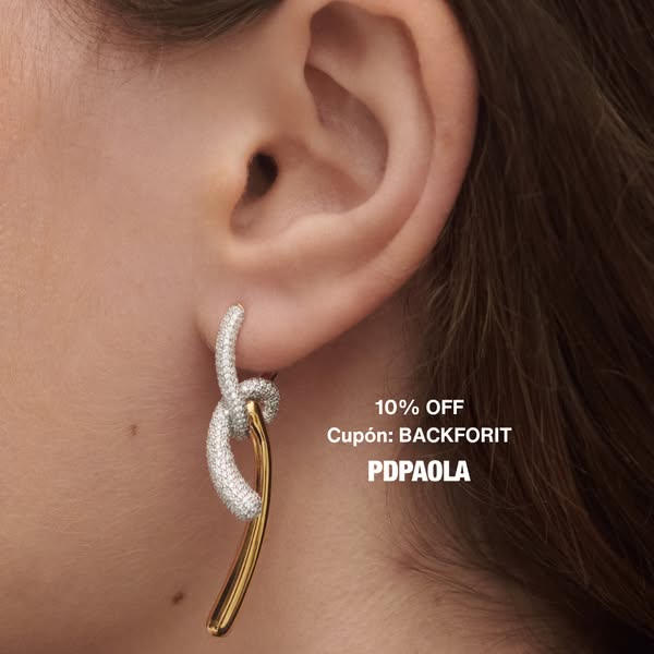 This ad features a close-up shot of a woman wearing the PDPAOLA Backforit earrings. It promotes the earrings and adverti
