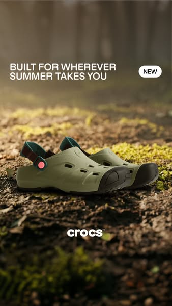 This image ad features the new Crocs style, the Echo Storm, set in an outdoor landscape. The shoe is presented as versat