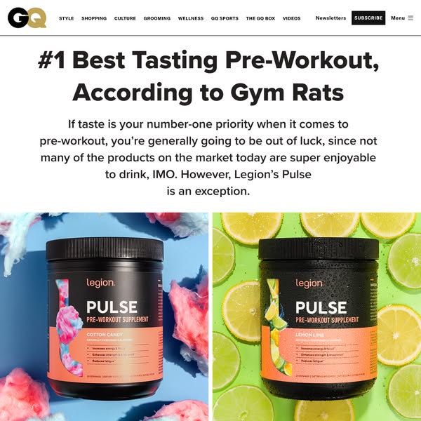 This static image ad for Legion Pulse pre-workout supplement features an endorsement as the #1 best tasting pre-workout 