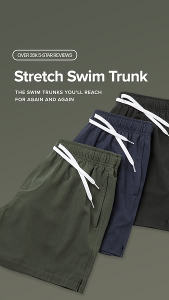 This is a static image ad featuring a stack of three Stretch Swim Trunks in different colors, with an overlay of text hi