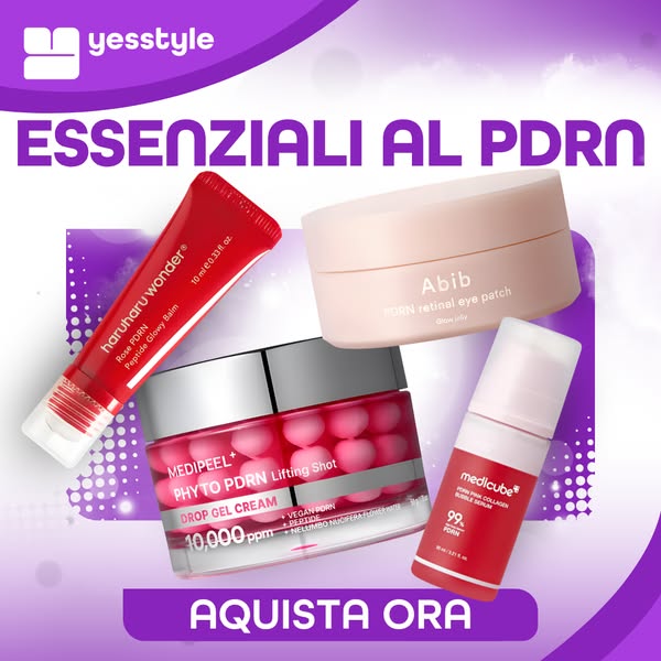 This image ad from YesStyle showcases four skincare products designed to give the user glowing skin using PDRN ingredien