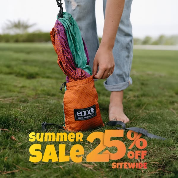 This image ad showcases an ENO DoubleNest hammock in its stuff sack and promotes a site-wide 25% off summer sale. The fo
