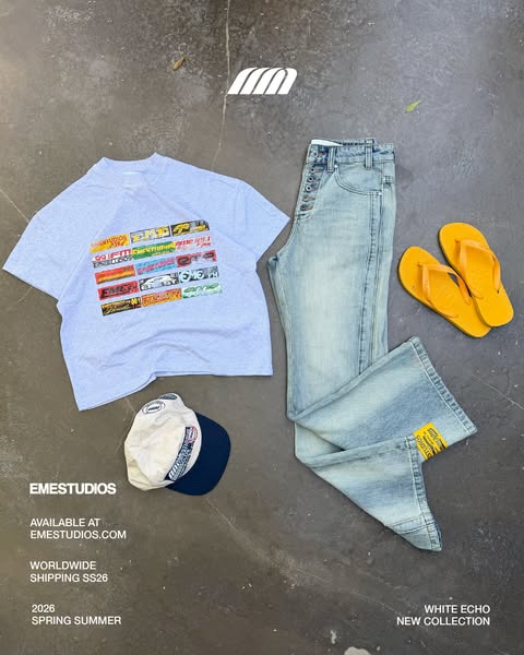 This is an advertisement for Emestudios featuring their new spring/summer collection. The advertisement shows a T-shirt,