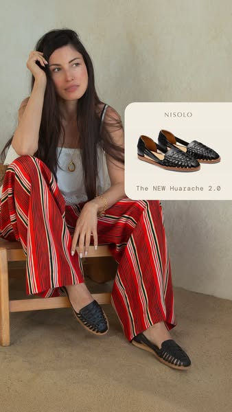 This ad features a woman wearing Nisolo Huarache 2.0 shoes while seated. A graphic to the side highlights the product.
