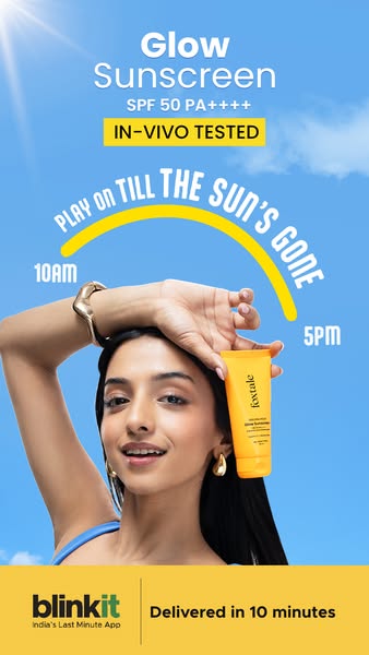 An image ad for Foxtale Glow Sunscreen that features a model applying the product, states the SPF level, and highlights 