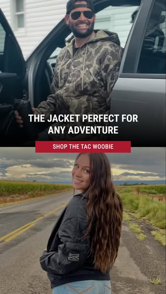 This ad features a split-screen showcasing two different jackets from the same brand. The top half features a man wearin