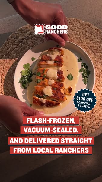 An ad for Good Ranchers shows a plated piece of chicken and a sale on the first three orders.