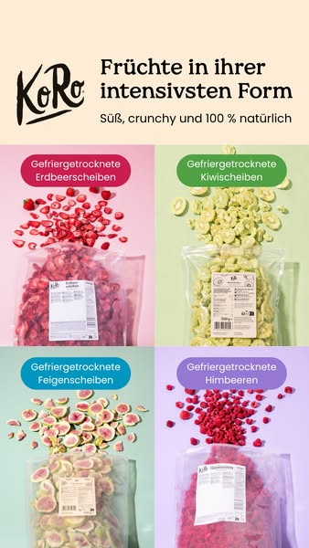 This image ad showcases KoRo's freeze-dried fruit products, emphasizing their natural sweetness and crunchiness. The
