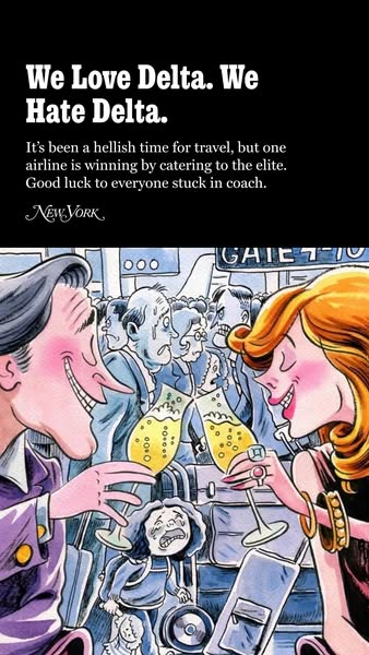This image ad uses a cartoon to illustrate the difference between how passengers in first class versus coach may feel wh