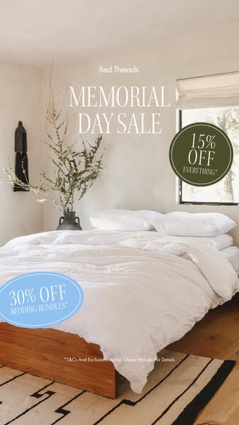 This image ad by Bed Threads promotes their Memorial Day sale, offering discounts on bedding bundles and everything else