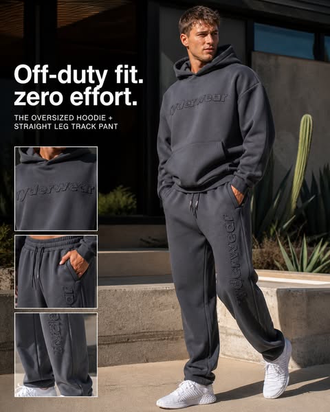This image ad showcases Ryderwear's oversized hoodie and straight leg track pants, emphasizing comfort and style for