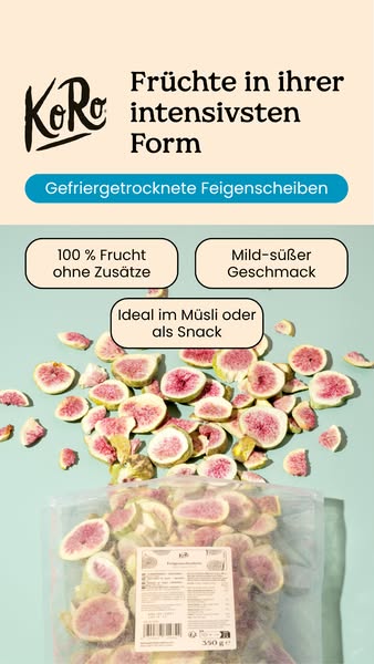 This ad for KoRo freeze-dried figs features a product shot of the item spilled onto a blue-green surface from its packag