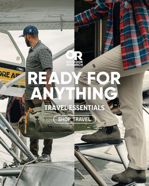 This ad for Outdoor Research showcases travel essentials, featuring a split-screen design with lifestyle imagery and a d