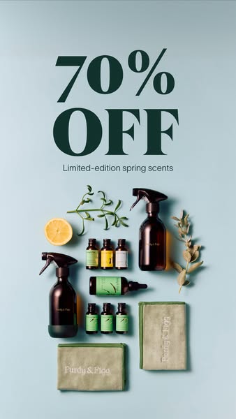 This image ad promotes Purdy & Figg's limited-edition spring scents with a 70% discount. The ad features an over