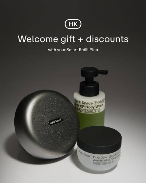 The ad features a set of Hello Klean body products and promotes a smart refill plan with a welcome gift and discounts.